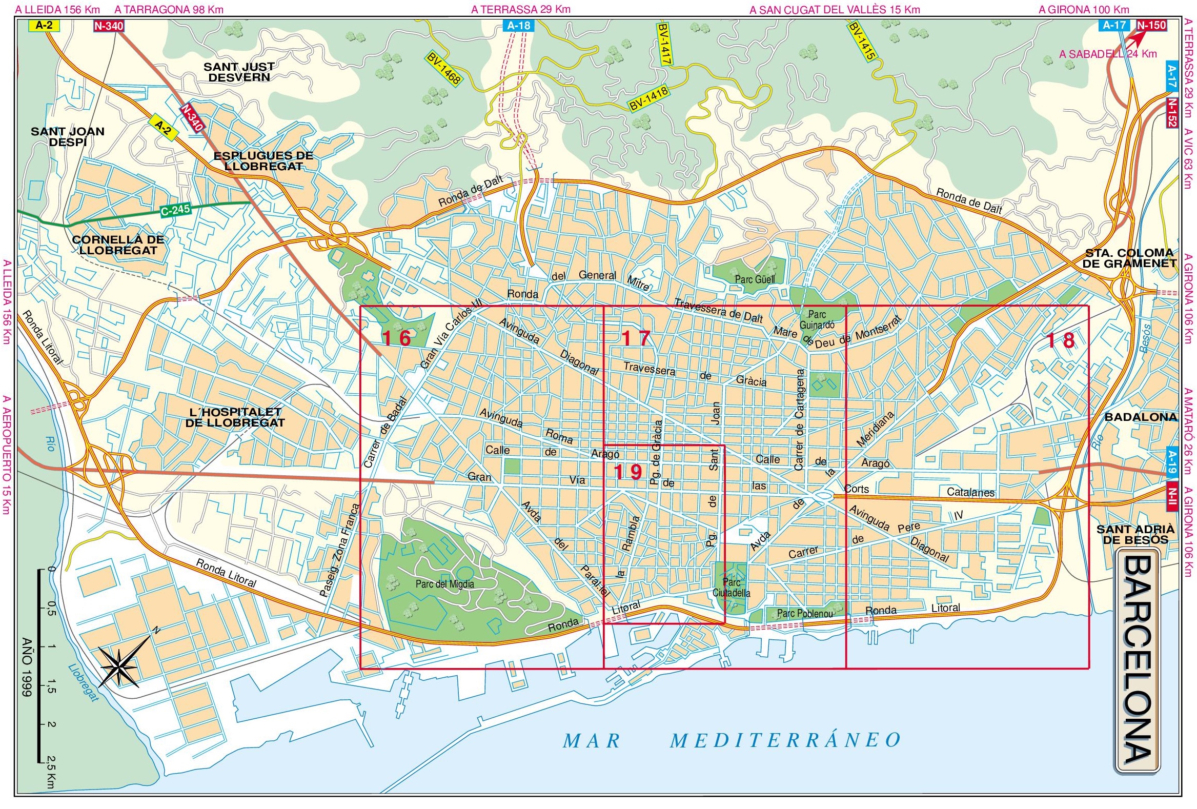 Detailed Map Of Barcelona Spain Barcelona Spain City Map Giclee Print