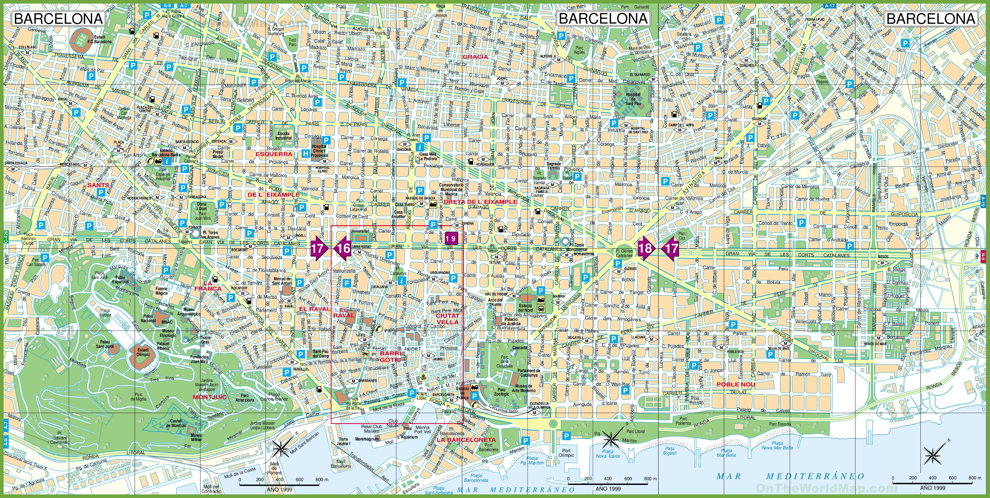 barcelona spain map of city Large Detailed Tourist Street Map Of Barcelona barcelona spain map of city