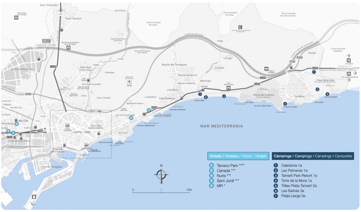 Tarragona hotels and campings map