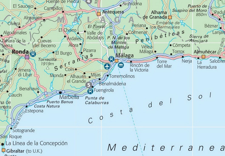 Map of Costa del Sol with cities and towns