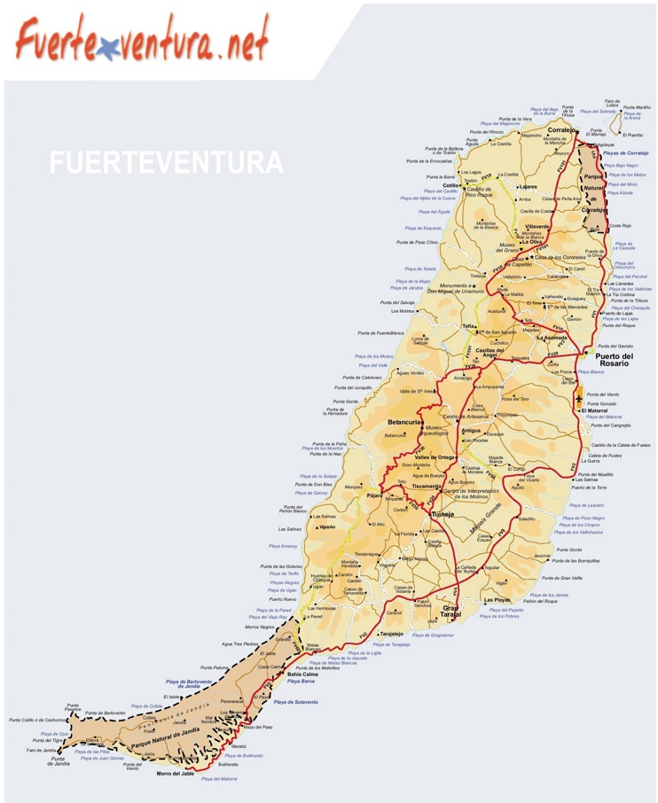 Large detailed map of Fuerteventura with beaches