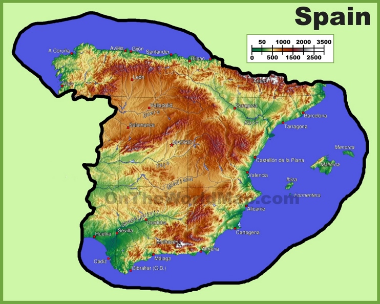 Spain Physical Map Ontheworldmap