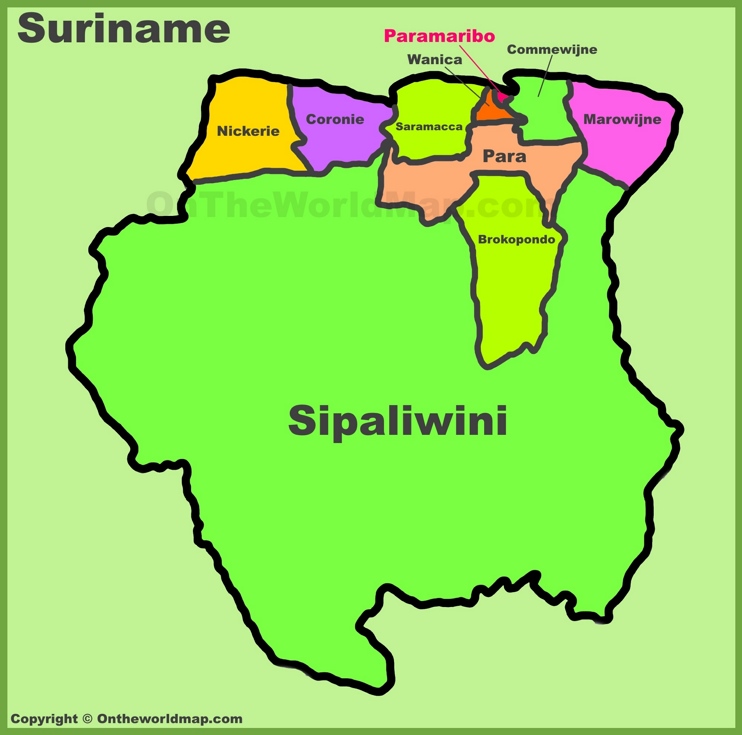 Administrative divisions map of Suriname