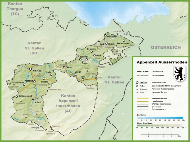 Canton of Appenzell Ausserrhoden map with cities and towns
