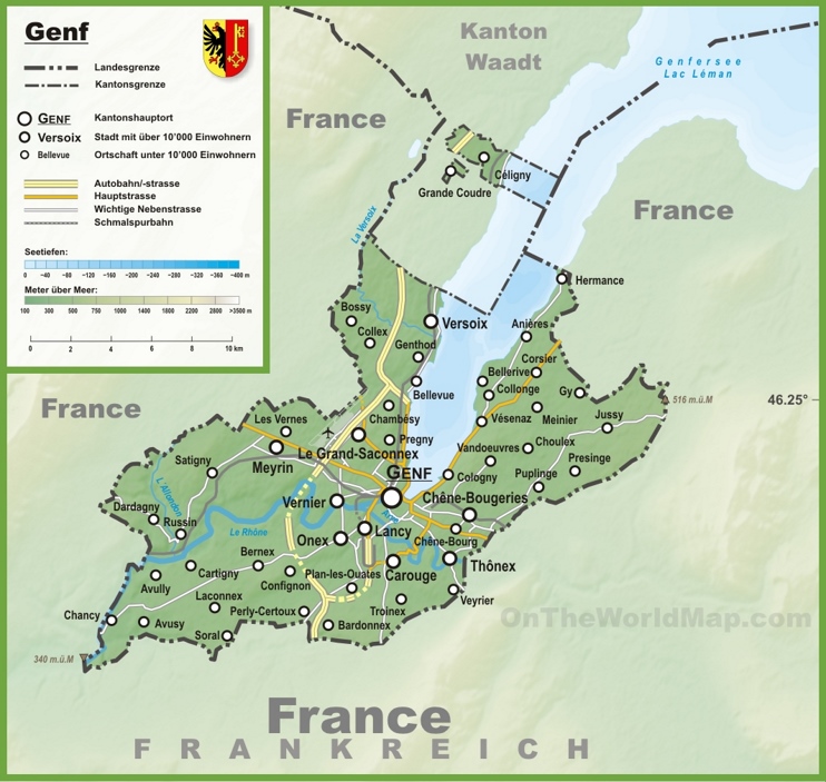 Canton of Geneva map with cities and towns