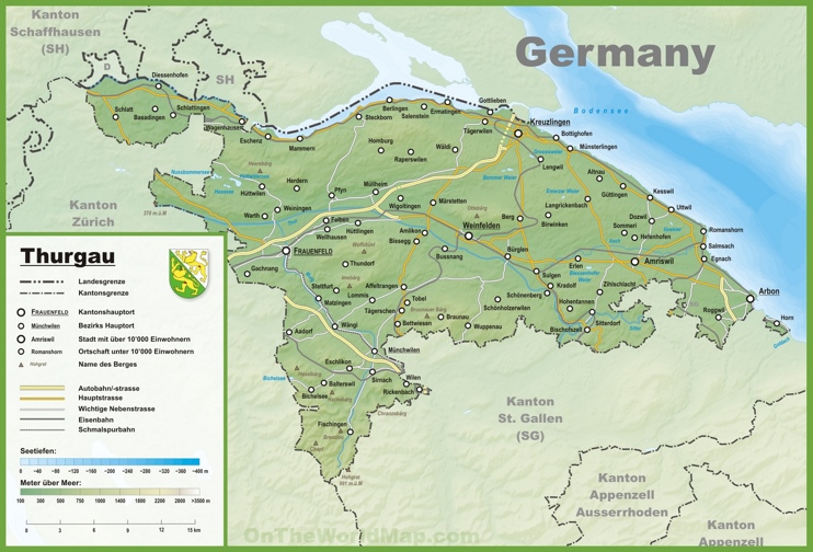Canton of Thurgau map with cities and towns