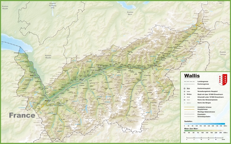 Canton of Valais map with cities and towns