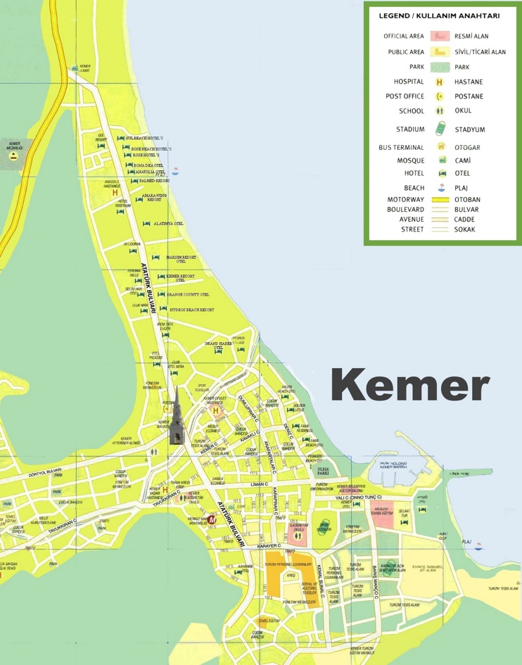 Kemer hotels and sightseeings map