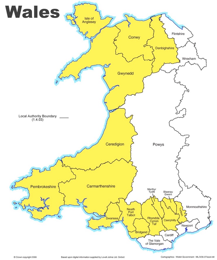 Administrative divisions map of Wales