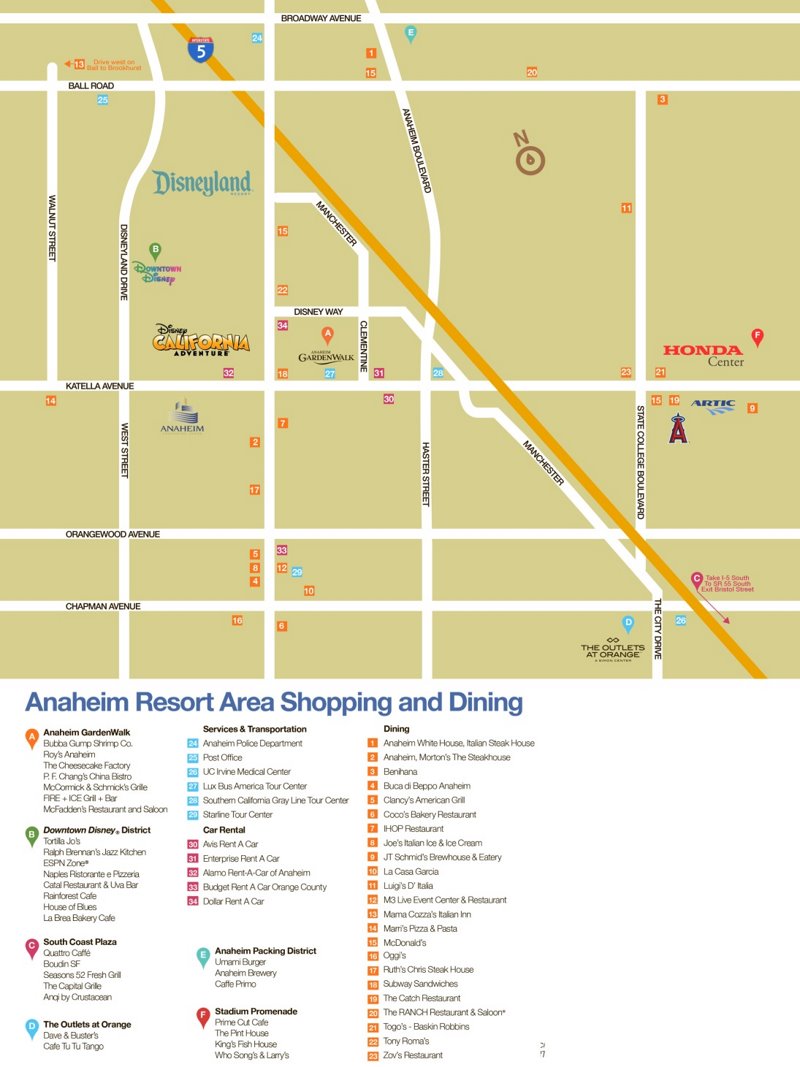 Anaheim Resort Area Shopping And Dining Map