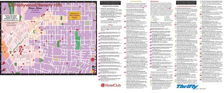 Map of hotels, restaurants and sightseeing in Hollywood and Beverly Hills
