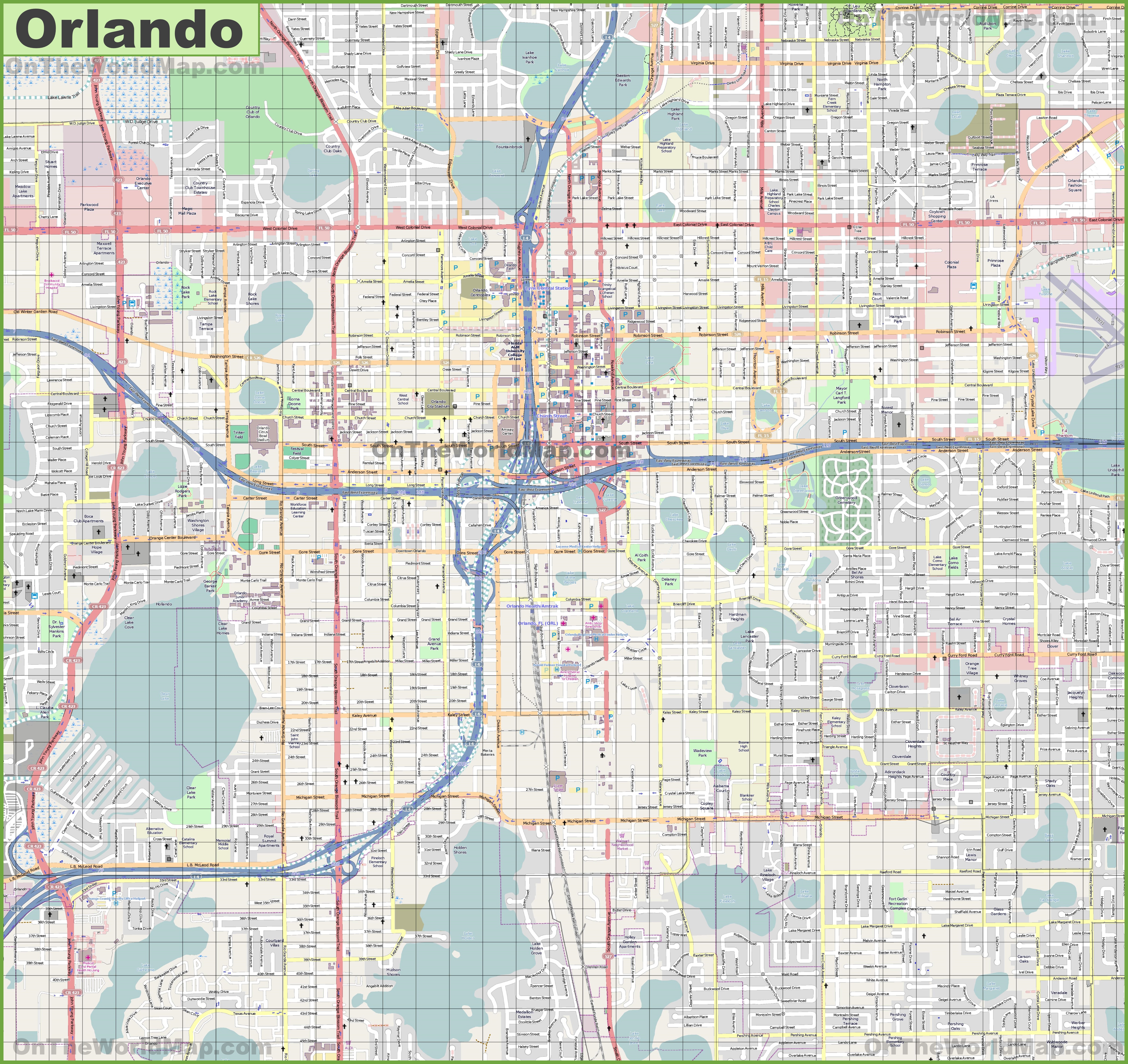 Large detailed street map of Orlando