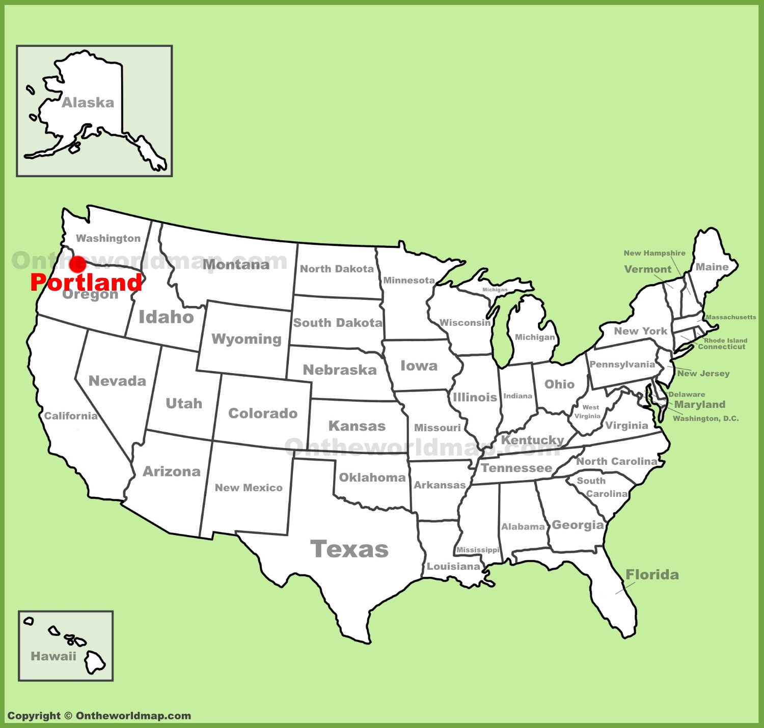 Portland location on the U.S. Map