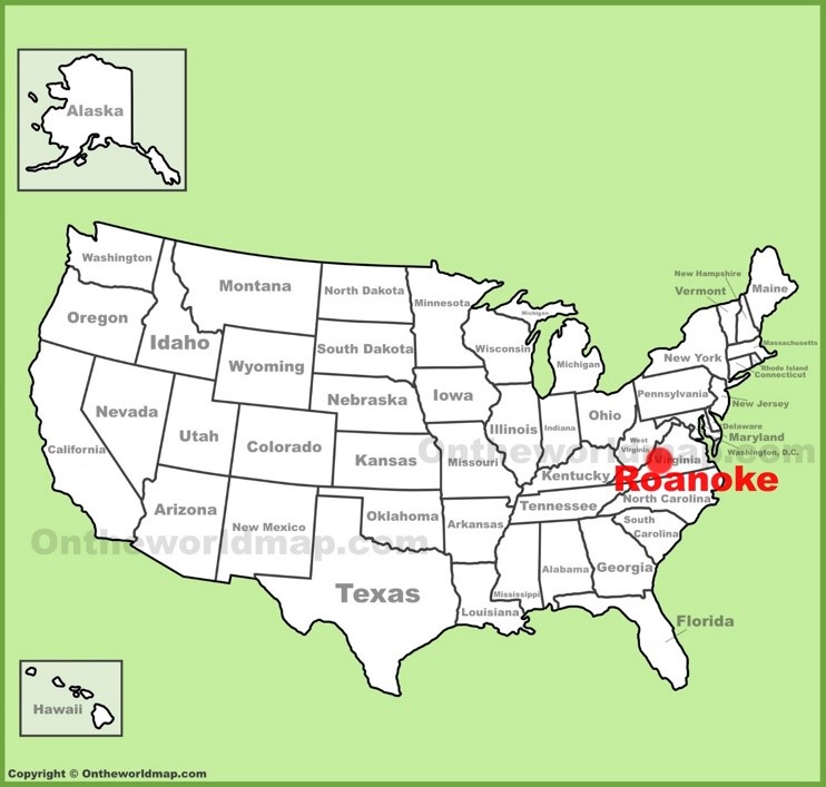 Roanoke location on the U.S. Map