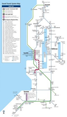Seattle express bus, rail and light rail map