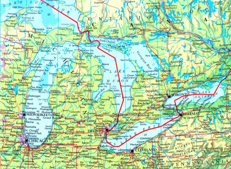 Map of Great Lakes with cities and towns