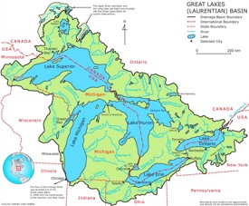 Map of Great Lakes with rivers