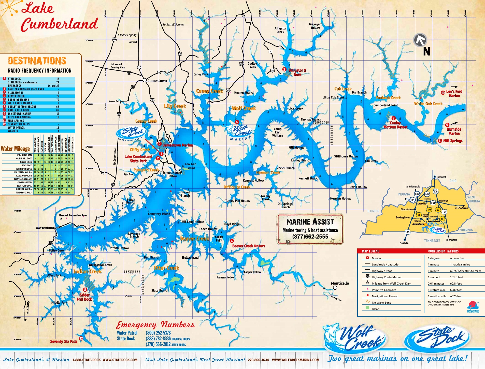 Cumberland lake map detailed large marinas water area mileage