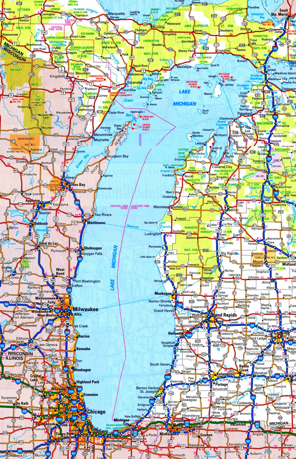 lake michigan map with cities Lake Michigan Road Map lake michigan map with cities