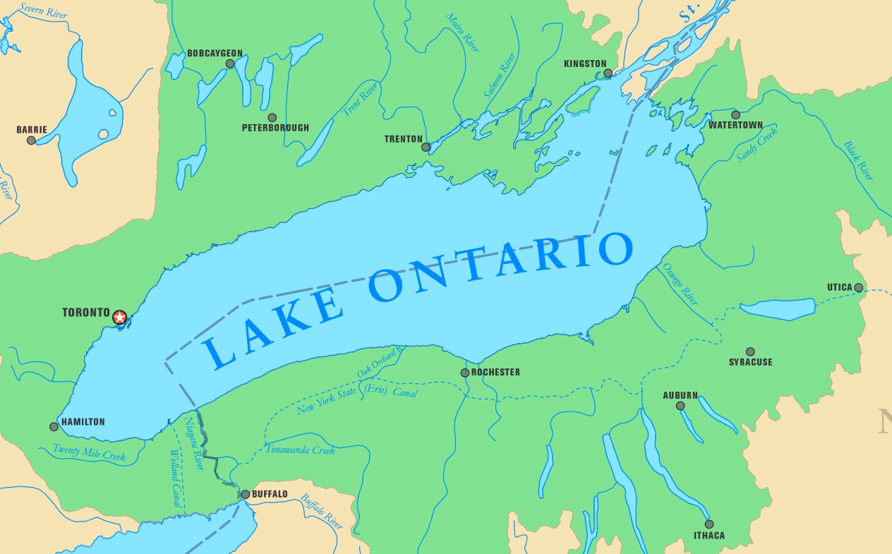 Map of Lake Ontario with cities and rivers