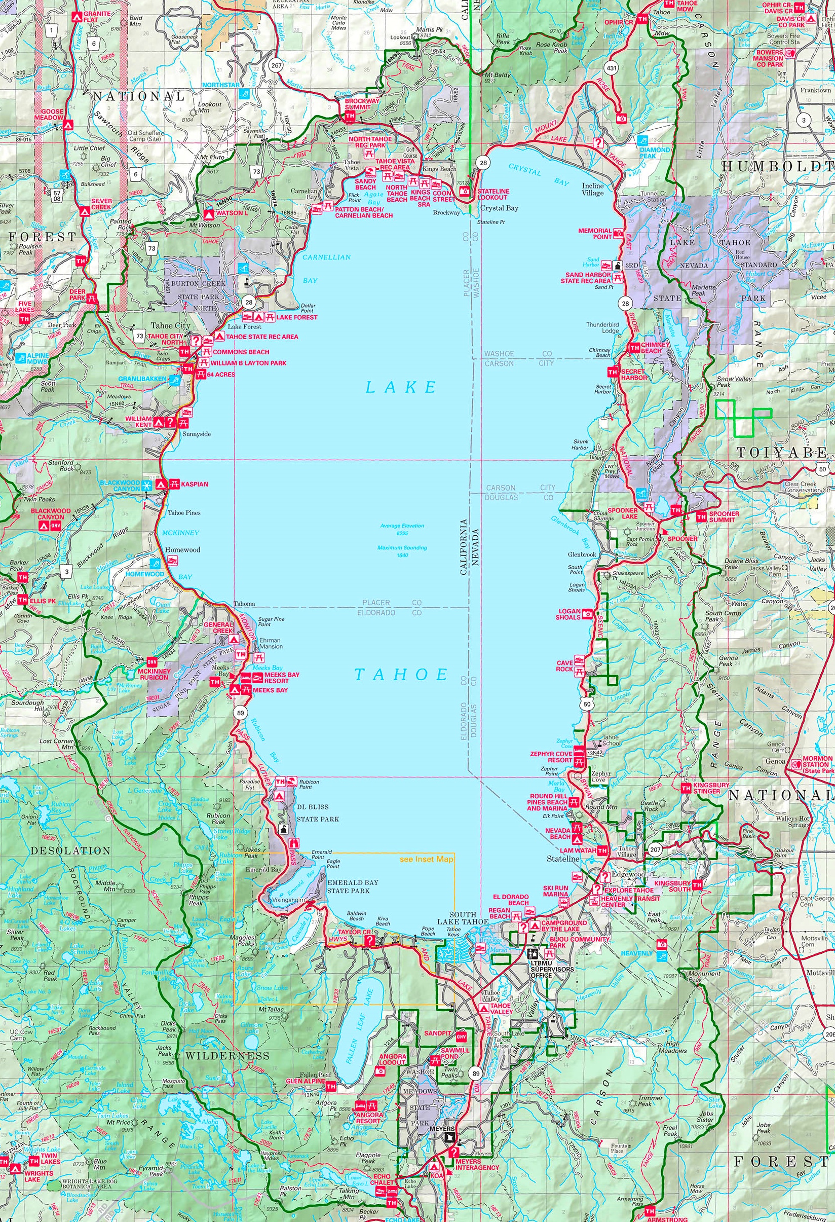 Large detailed tourist map of Lake Tahoe