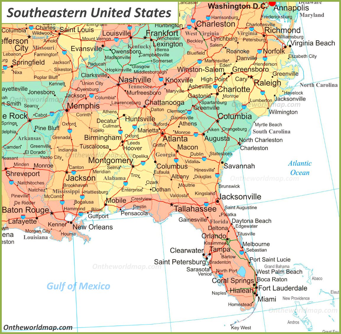 map of southeast usa with major cities Map Of Southeastern United States map of southeast usa with major cities