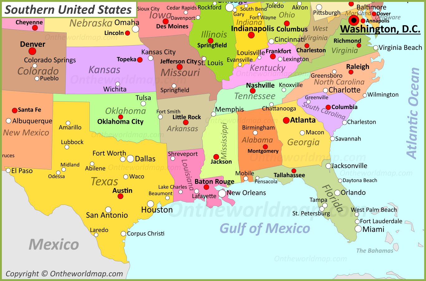 Map Of Southeast Usa With States And Capitals