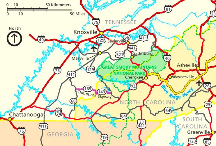 Great Smoky Mountains area road map