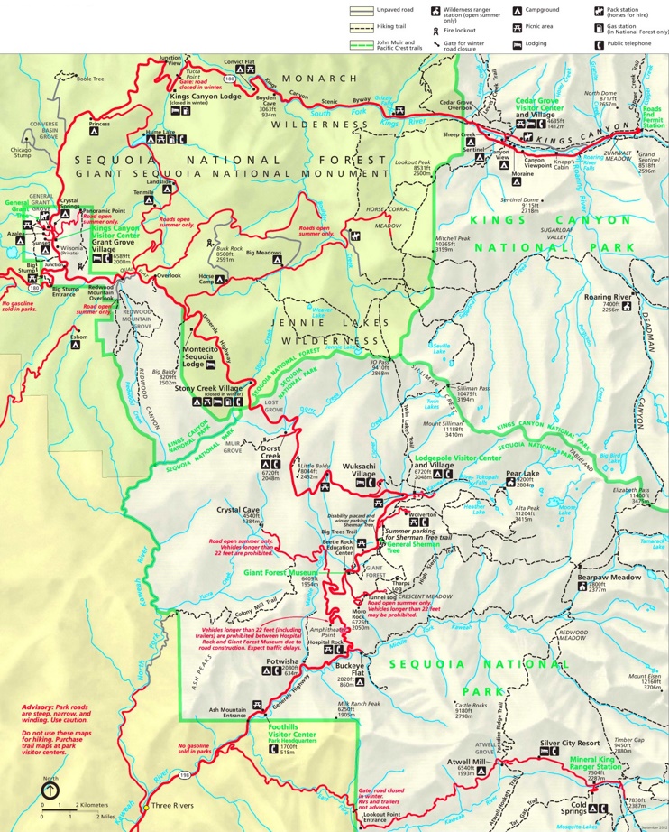 Detailed map of Kings Canyon and Sequoia National Parks