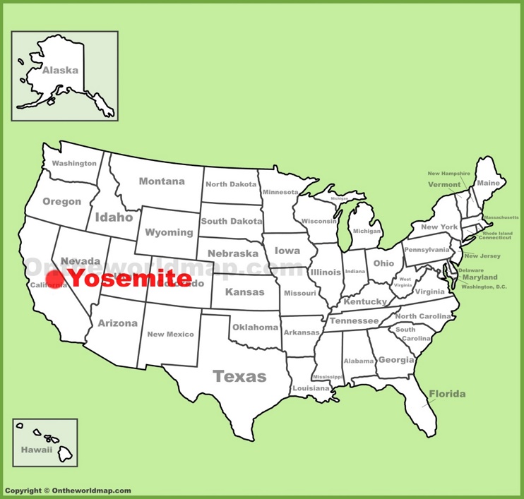Yosemite location on the U.S. Map