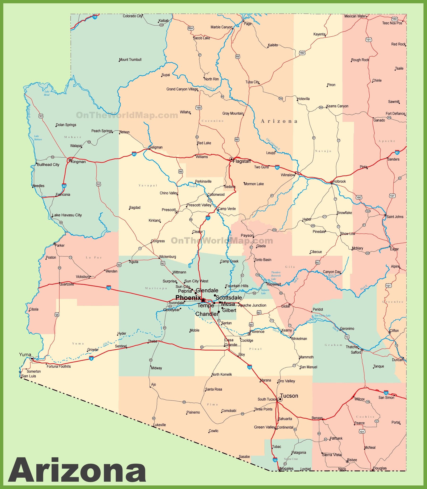 Arizona Road Map With Cities And Towns
