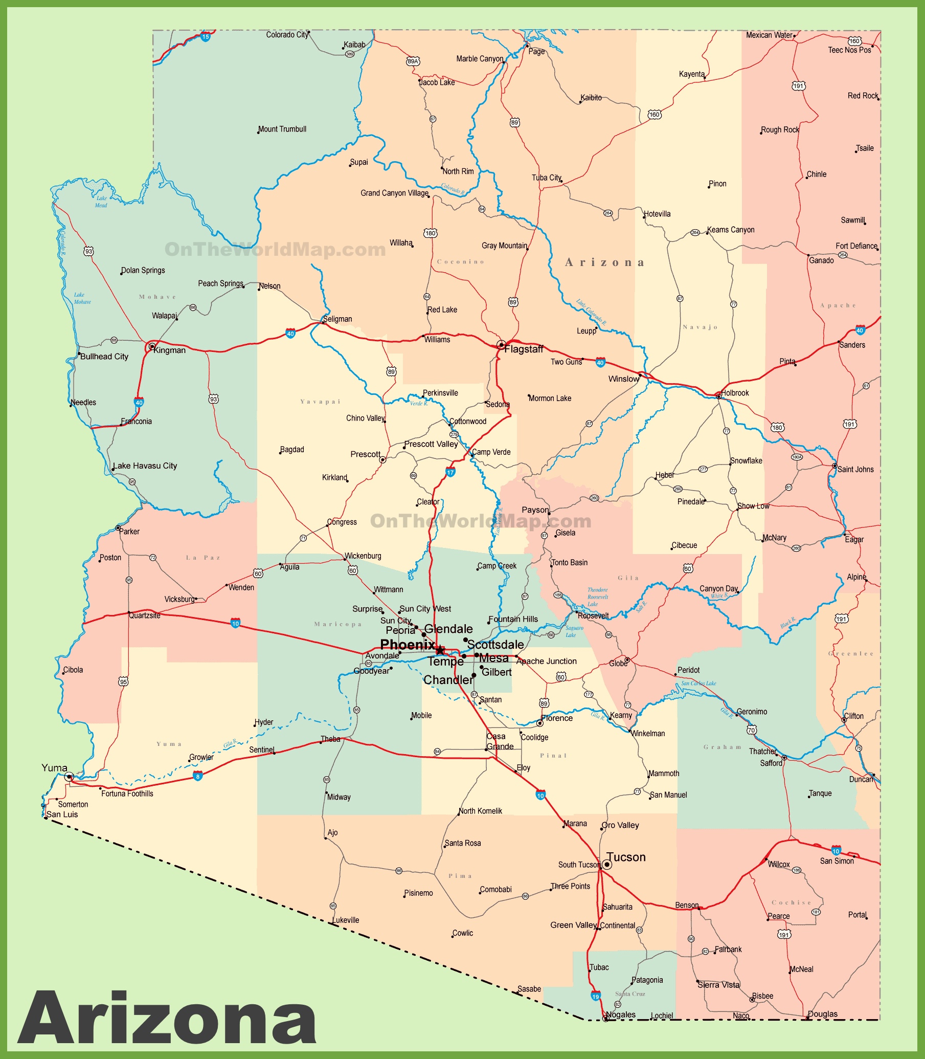 Arizona Road Map With Cities And Towns 2106