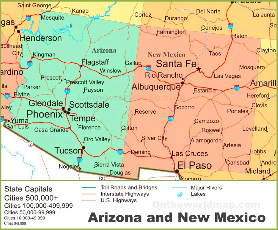 Az Map Of Cities : Map of Arizona and New Mexico / Tageo.com provides