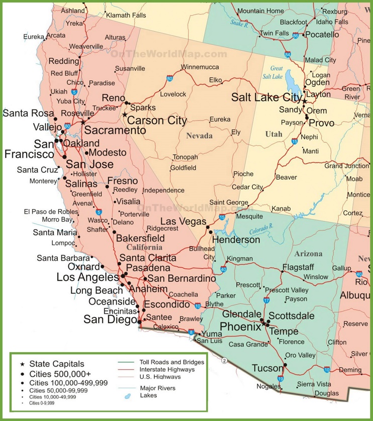 Map of Arizona, California, Nevada and Utah