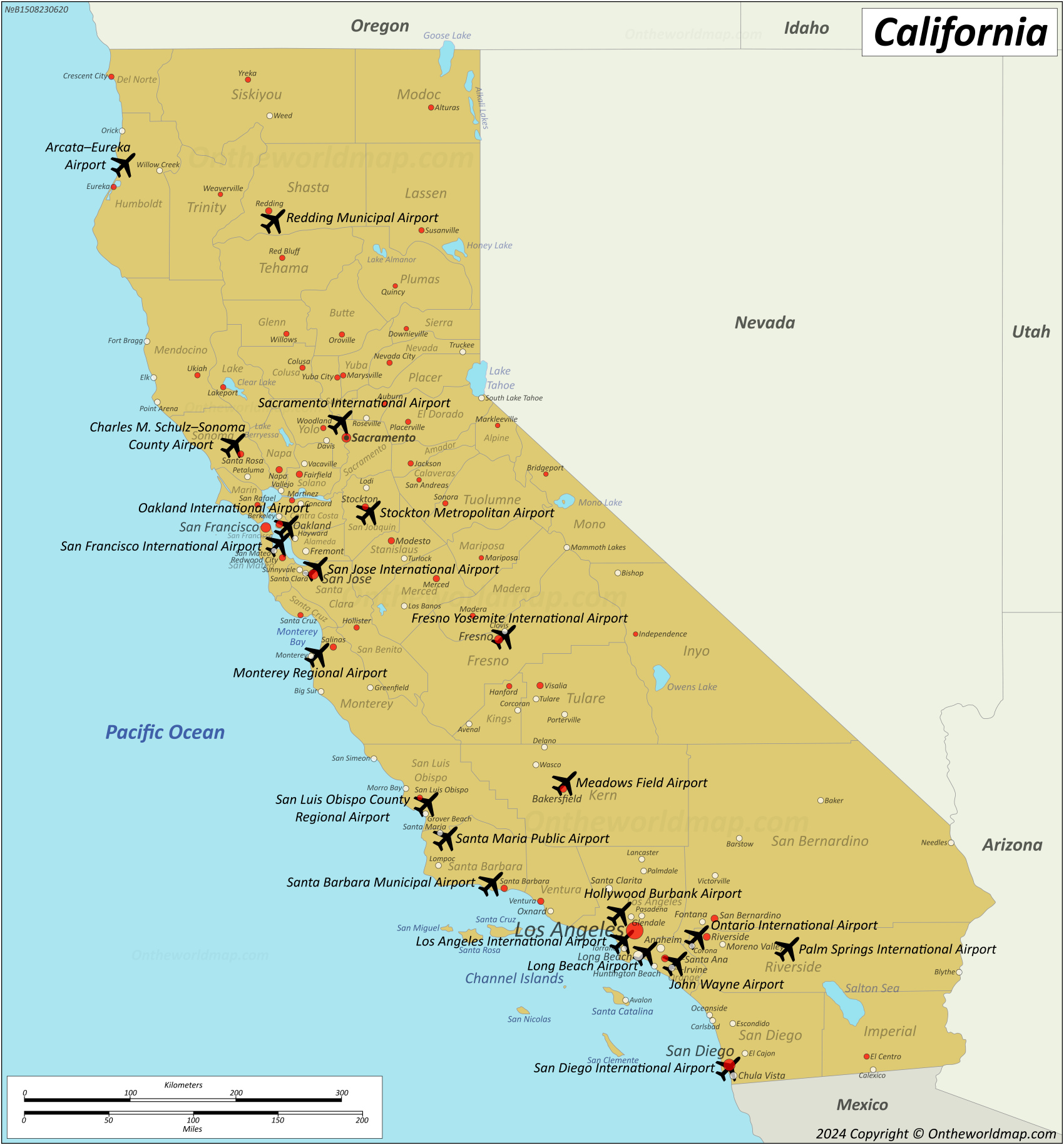 Map Of Primary Airports In California List Of Primary Airports In California Ontheworldmap