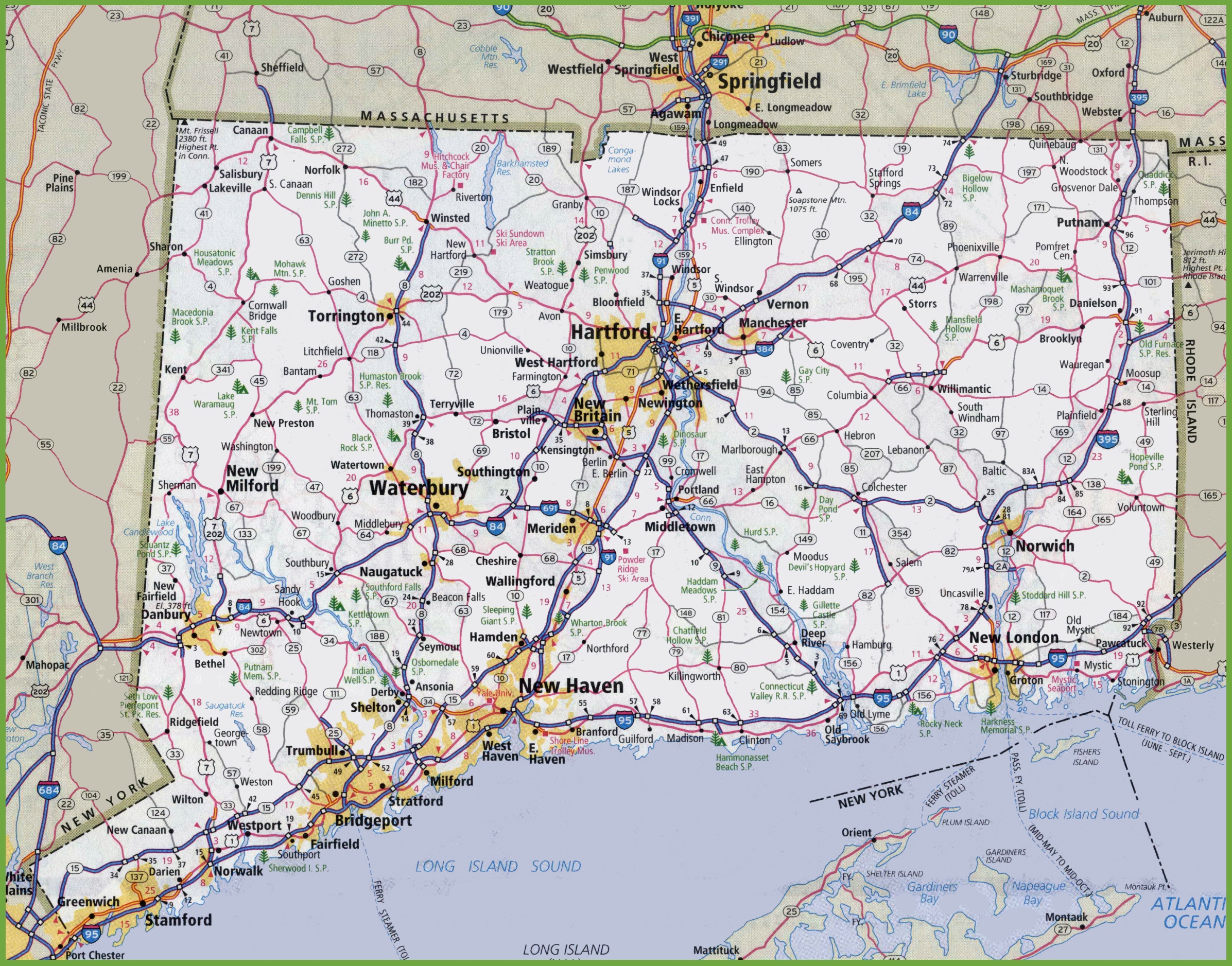 Large detailed map of Connecticut with cities and towns