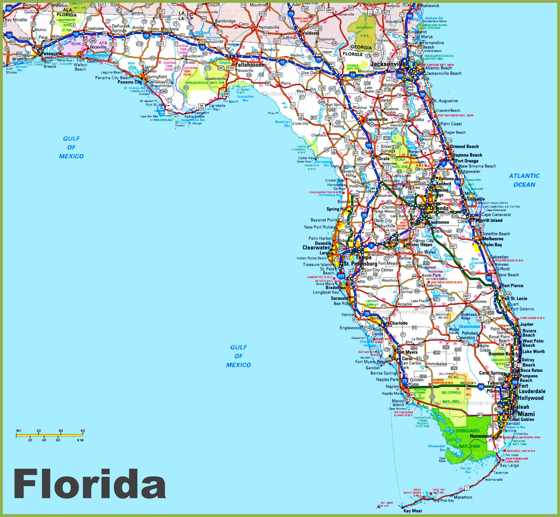 Road map of Florida with cities