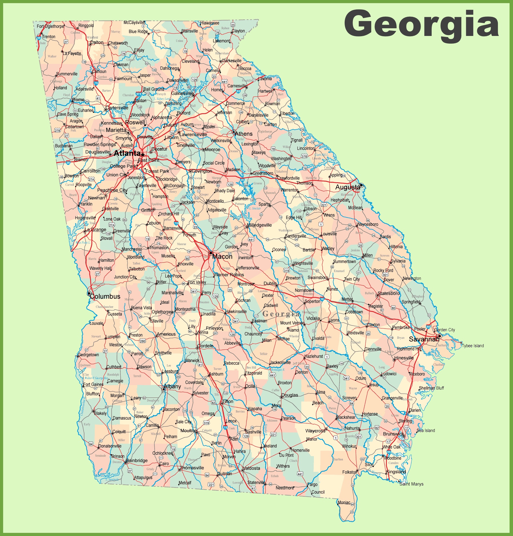 counties in georgia map with cities Georgia Road Map With Cities And Towns counties in georgia map with cities