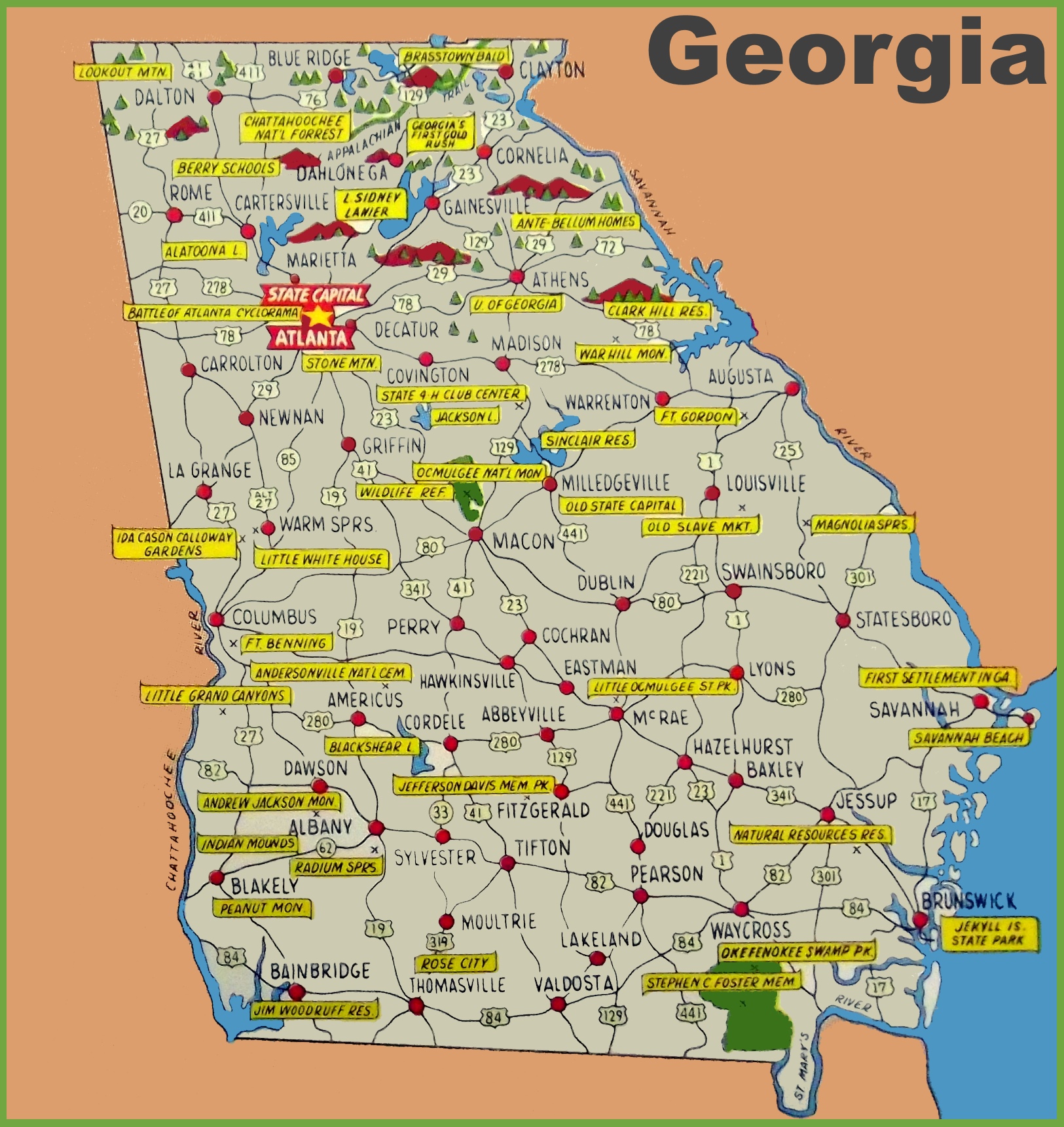 state map of georgia usa Illustrated Tourist Map Of Georgia state map of georgia usa