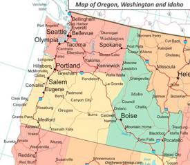 Map of Idaho, Washington and Oregon