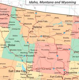 Map of Idaho, Wyoming and Montana