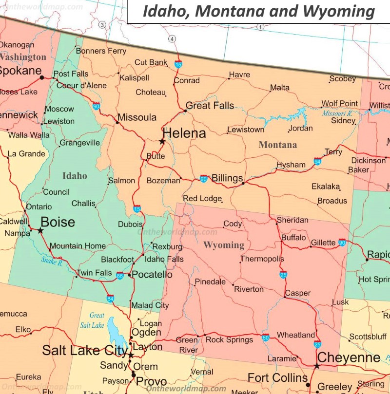 Map of Idaho, Wyoming and Montana