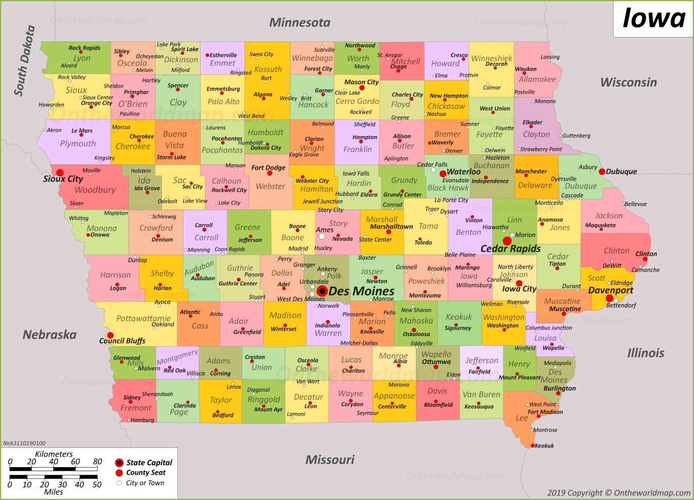 Iowa State Map With Cities Large World Map 9302