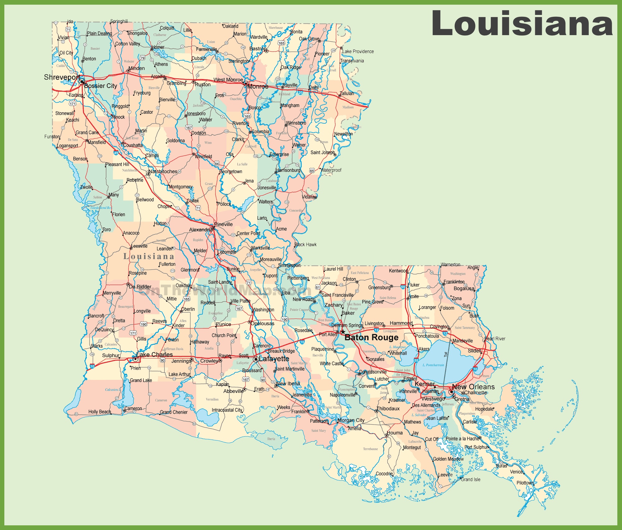 Road map of Louisiana with cities