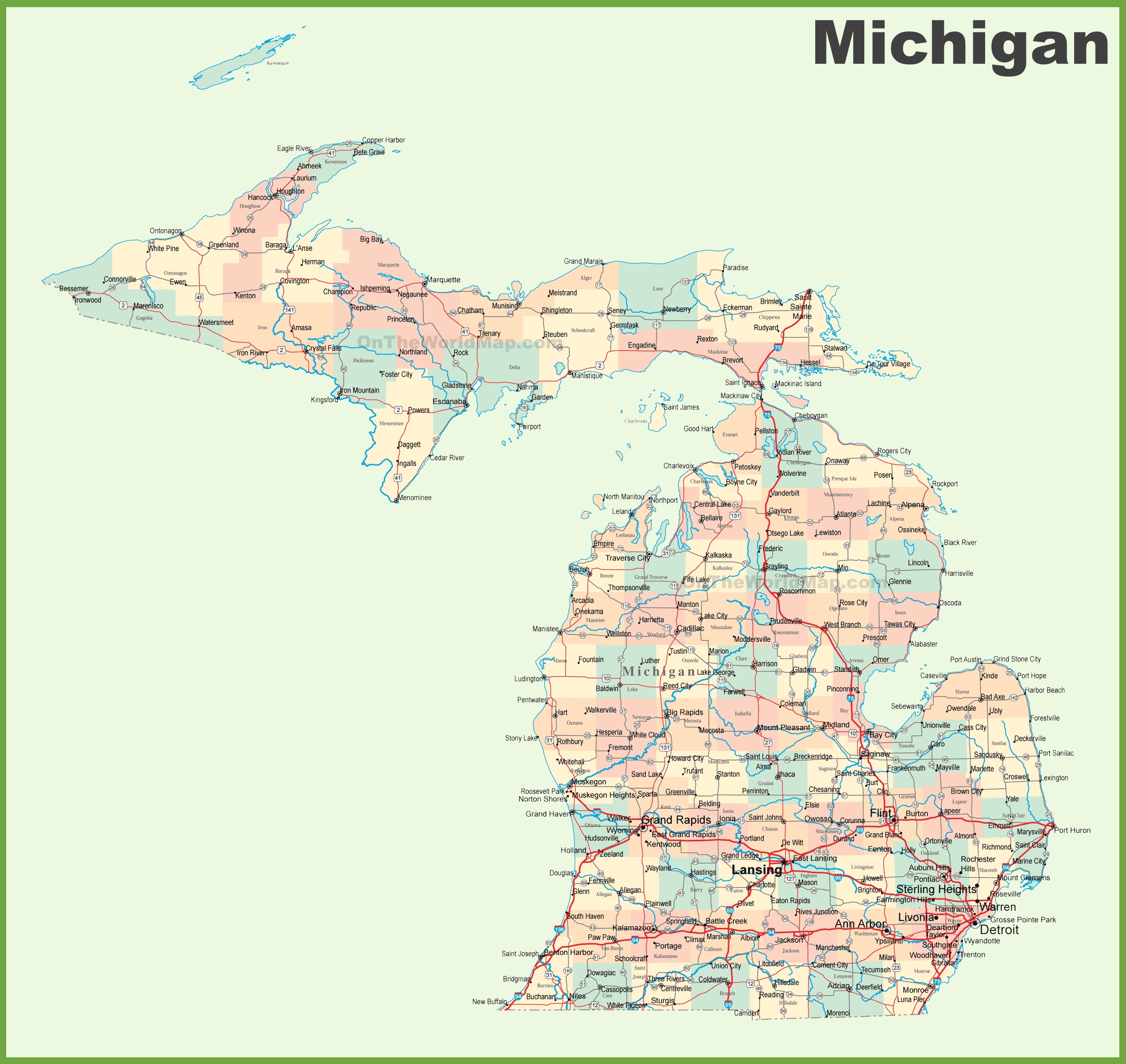 Road map of Michigan with cities