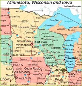 Map of Minnesota, Wisconsin and Iowa