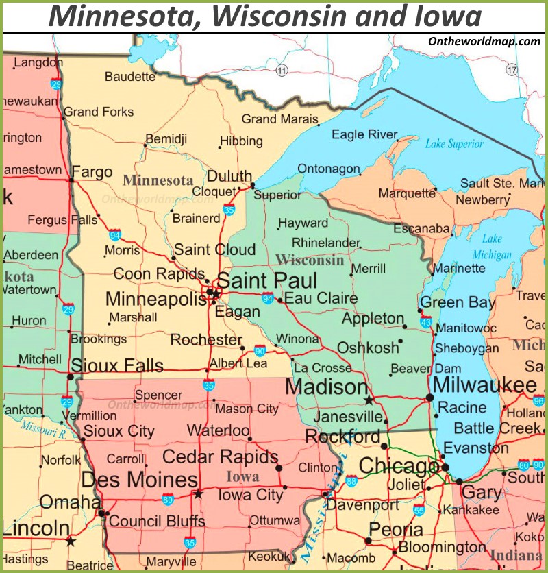 Map of Minnesota, Wisconsin and Iowa