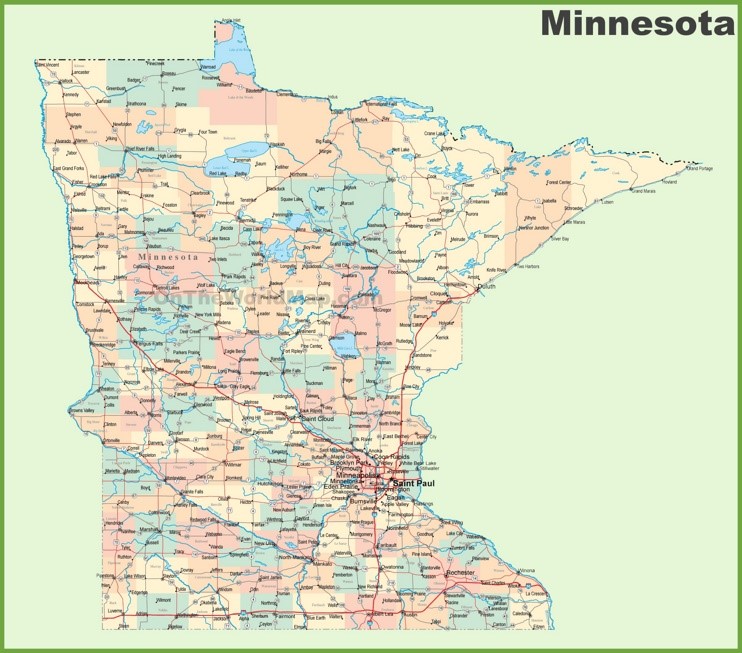 Road map of Minnesota with cities