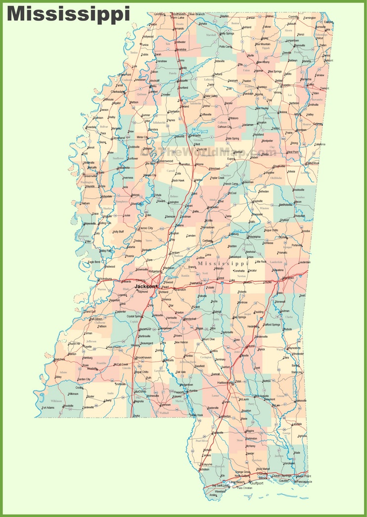 Road Map Of Mississippi With Cities