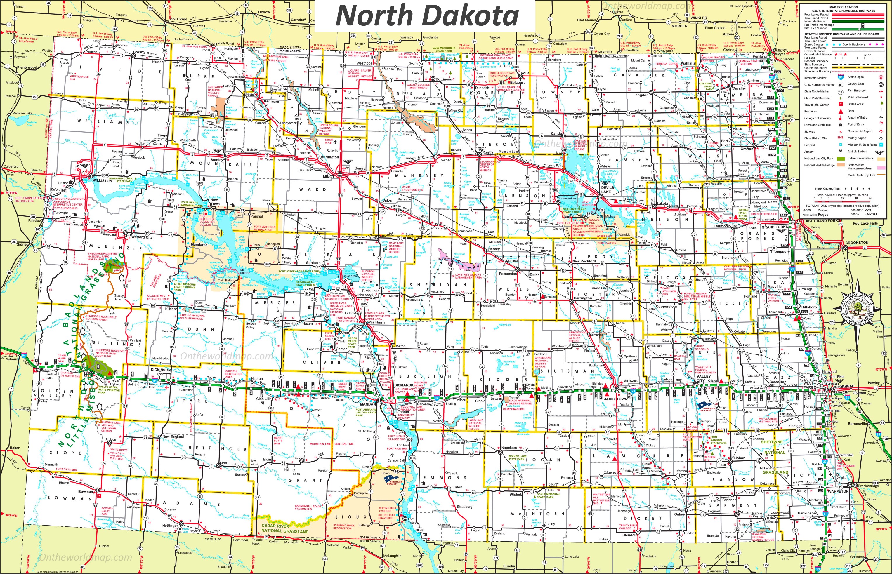 Large Detailed Tourist Map of North Dakota With Cities And Towns